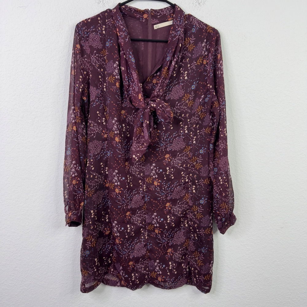 Sfera Dress S Purple Floral Chiffon Tie Neck Cottagecore Whimsigoth Romantic